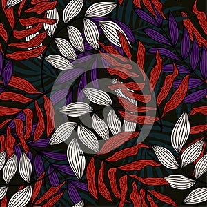 Trend abstract seamless pattern with colorful tropical leaves and plants on beige background. Vector design. Jungle print. Floral