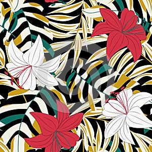 Trend abstract seamless pattern with colorful tropical leaves and plants. Vector design. Jungle print. Floral background. Printing