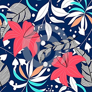 Trend abstract seamless pattern with colorful tropical leaves and plants. Vector design. Jungle print. Floral background. Printing