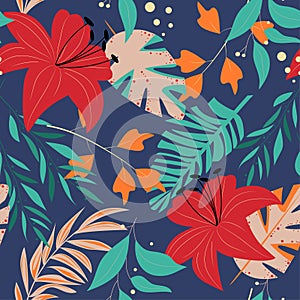 Trend abstract seamless pattern with colorful tropical leaves and plants. Vector design. Jungle print. Floral background. Printing