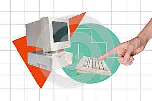 Trend artwork composite image 3D photo collage of old retro oofice vintace big computer monitor keyboard huge hand touch