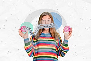 Trend artwork composite image 3D photo collage of young girl teenager hold in hand donuts cover mouth with ruler keep