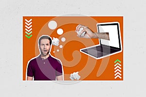 Trend artwork composite sketch image photo collage of laptop device monitor confused man look shock appear hand hold