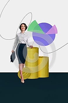 Trend artwork image composite photo collage of success office manager businesswoman walk at pile gold coins dollar money