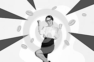 Trend artwork photo collage composite sketch image of young office manager hardworking lady say yes fist up coins dollar