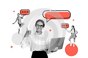 Trend artwork sketch collage of young lady office manager hold in hand laptop talk colleagues text bubble box cloud show