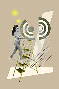 Trend artwork sketch composite photo collage of black white silhouette lady stand on stairs go up hold huge target zone