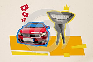 Trend artwork sketch image composite photo collage of person stand hand finger palm like legs mouth instead head win car