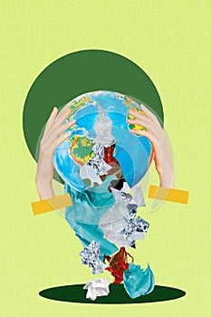 Trend artwork sketch image composite photo collage of two hands hold earth planet contain garbage recycle trash