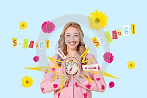 Trend composite artwork image 3d collage photo of young attractive lady hold in hands alarm clock spring wake up flower