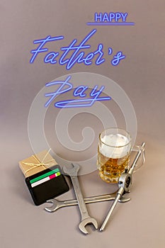 Trend greeting card, online banner on Father`s Day with a blue neon sign photo