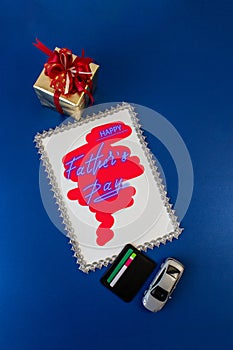 Trend greeting card, online banner on Father`s Day with a blue neon sign