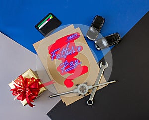 Trend greeting card, online banner on Father`s Day with a blue neon sign photo