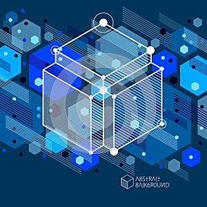 Trend isometric geometric pattern blue black background with bright blocks and cubes. Technical plan can be used in web design