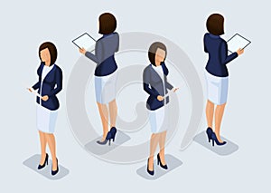 Trend Isometric People Set 7, 3D business woman in business suits, people`s gestures, a front view and rear view isolated