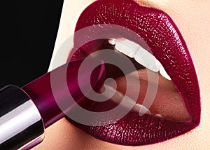 Trend Lips Makeup with bright dark Color Lipstick. Woman Applying Fashion lip Make-up. Choice lipstick