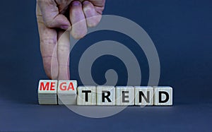 Trend or megatrend symbol. Businessman turns wooden cubes and changes words trend to megatrend. Beautiful grey table, grey