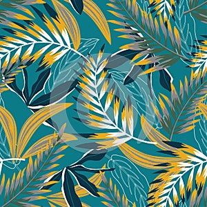 Trend seamless pattern with bright tropical leaves and plants on a green background. Vector design. Jung print. Floral background.