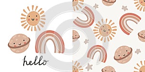 Trend set of planets, sun, stars and clouds seamless pattern. Doodle boho style. Design for kids. Vector illustration