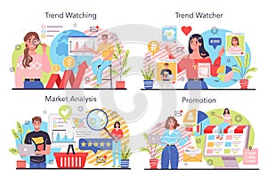 Trend watcher concept set. Specialist in tracking the emergence