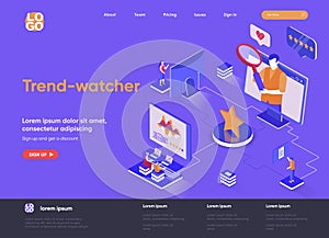 Trend-watcher isometric landing page. Professional trend watching occupation, marketing research and analyse isometry web page.