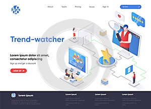 Trend-watcher isometric landing page. Professional trend watching occupation, marketing research and analyse isometry web page.