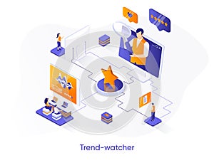 Trend-watcher isometric web banner. Professional trend watching occupation isometry concept. Marketing research and data analysis