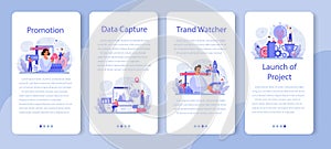 Trend watcher mobile application banner set. Specialist