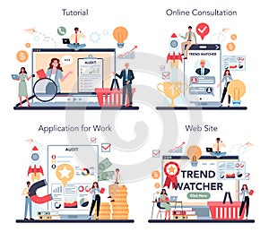 Trend watcher online service or platform set. Specialist tracking