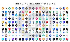 Trending 200 crypto coins. Digital cryptocurrency, DeFi, token icons set.