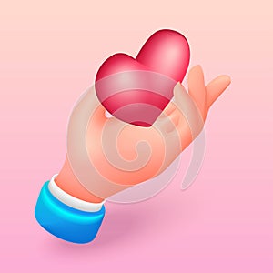 Trending 3D Isometric, cartoon icon. Business Hand holding red heart. Illustration template for charity, help