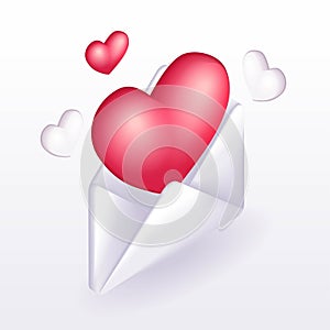 Trending 3D Isometric, cartoon icon. Concept of a love letter. An open envelope from which red and white hearts are