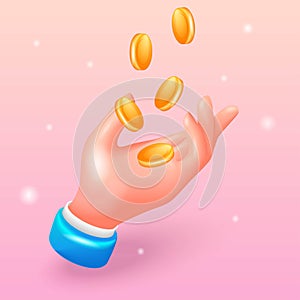 Trending 3D Isometric, cartoon icon. Gold coins fall into the hands of a business businessman. The concept of enrichment