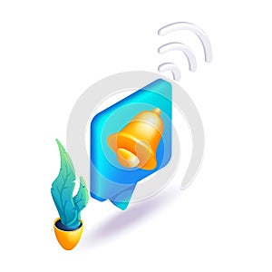 Trending 3D Isometric, cartoon illustration. Bright notification icon. The golden bell rings with a new reminder