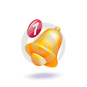 Trending 3D Isometric, cartoon illustration. Bright notification icon. The golden bell rings with a new reminder