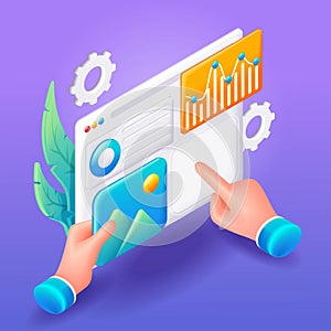 Trending 3D Isometric, cartoon illustration. Concept of Seo Optimization for website. Charts and graphs with data