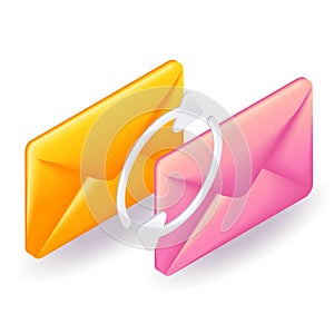Trending 3D Isometric, cartoon illustration. Mail envelopes. Online correspondence. Vector icons for website