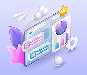 Trending 3D Isometric, cartoon illustration. Mail service concept. E-mail message, mail notification. Data reports by