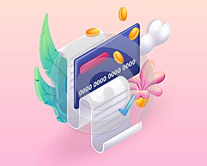 Trending 3D Isometric, cartoon illustration. Mobile smart phone with paying bills. Invoice, bill icon. Vector icons for