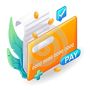 Trending 3D Isometric, cartoon illustration. Payment of utility, bank, restaurant and other bill. Credit card Icon