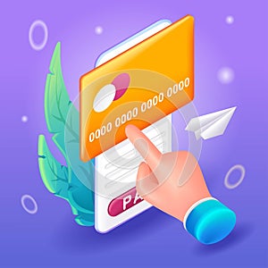 Trending 3D Isometric, cartoon. Pay by credit card via electronic wallet wirelessly on phone. Vector illustration for