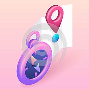 Trending 3D Isometric Illustration. Compass indicates the direction path on the map, navigation. 3D web vector