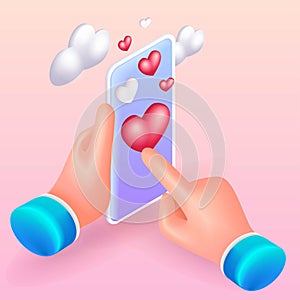 Trending 3D Isometric Illustration. Hand holding mobile smart phone with social media app. Hand clicks the heart and