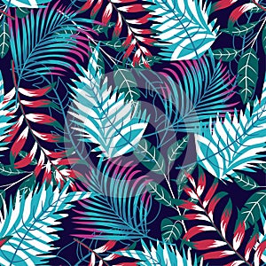 A trending abstract pattern with tropical leaves and flowers on a delicate pastel background. Vector design. Jungle print. Floral