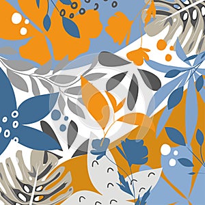 A trending abstract pattern with tropical leaves and flowers on a delicate pastel background. Vector design. Jungle print. Floral