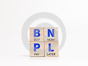 Trending online business. Concept of buy now pay later on wooden cubes.