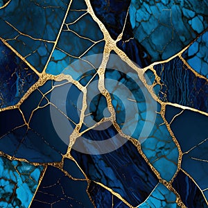 Trendy 3d cobalt blue stone abstract marbled background with golden inlay veins, lines. Marble mosaic, stone texture, jasper.