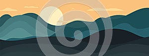 Trendy abstract background, sunrise in mountains. Flat style landscape, minimalist wave hills and clouds. Contemporary