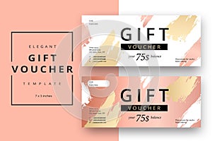 Trendy abstract gift voucher card templates. Modern discount coupon or certificate layout with artistic stroke pattern. Vector fa