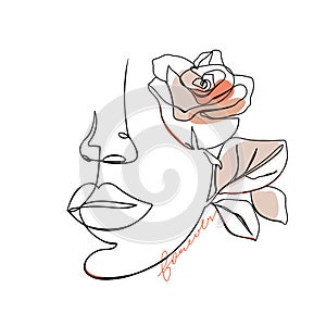 Trendy abstract one line woman face with rose flower and lettering.